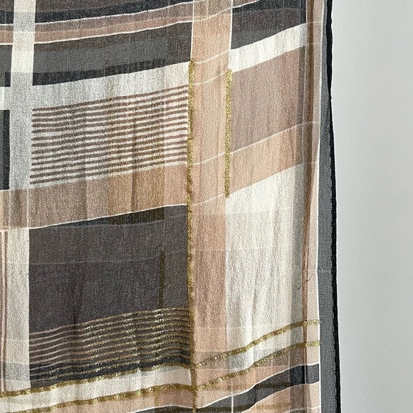 Halston Vintage Gold Metallic Plaid Silk Chiffon Long Scarf - Picture 7 of 8